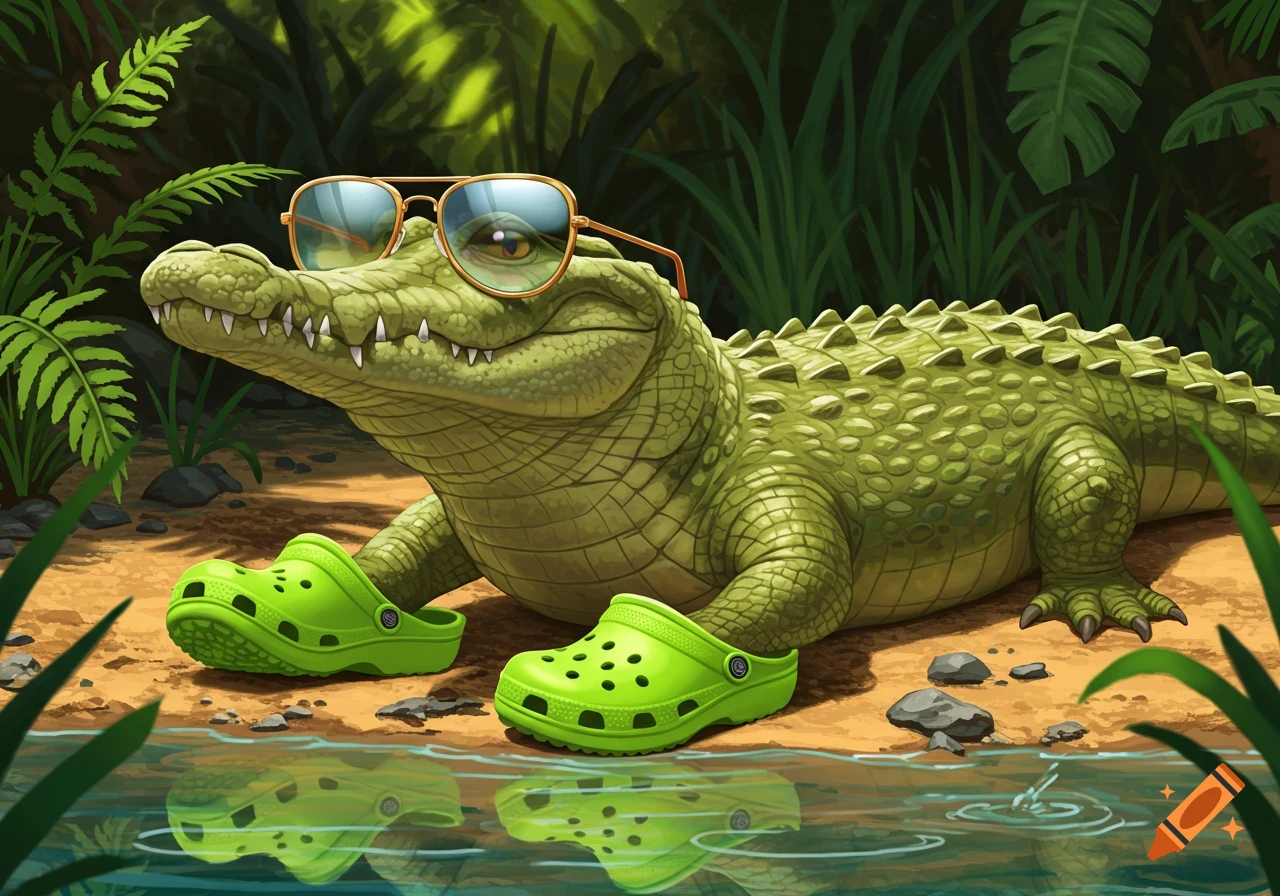 A cartoon crocodile with cool sunglasses sits on dirt near water, wearing bright green Crocs shoes.