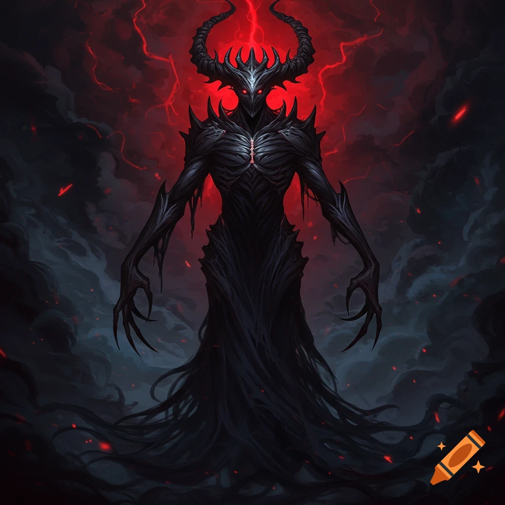 A dark, horned demon with sharp claws and glowing red eyes stands against a stormy, red background.