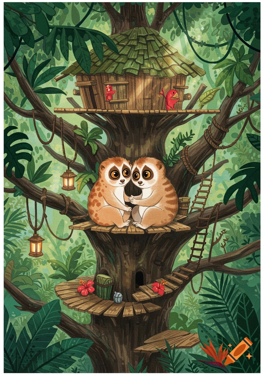 Cute cartoon slow lorises hugging on a platform in a big jungle treehouse, in a children's book illustration style.