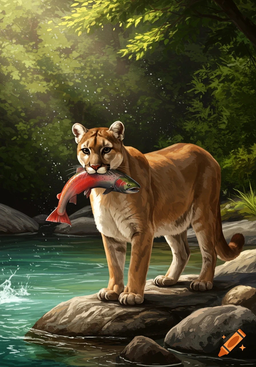 A cougar standing in a river, holding a freshly caught fish in its mouth, surrounded by lush green forest.