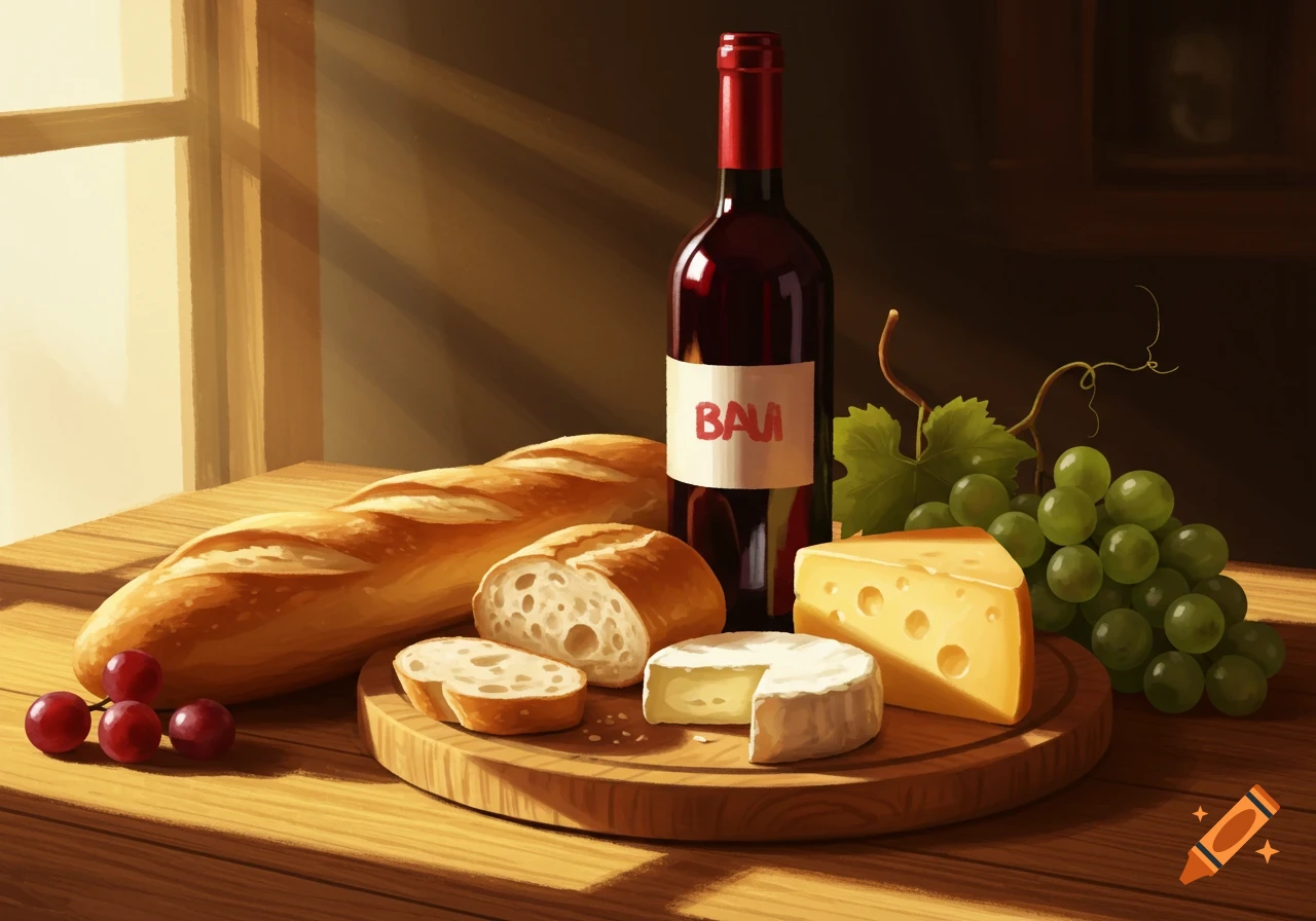 A still life painting of a wine bottle, French bread, two types of cheese, and grapes on a wooden table by a sunny window.