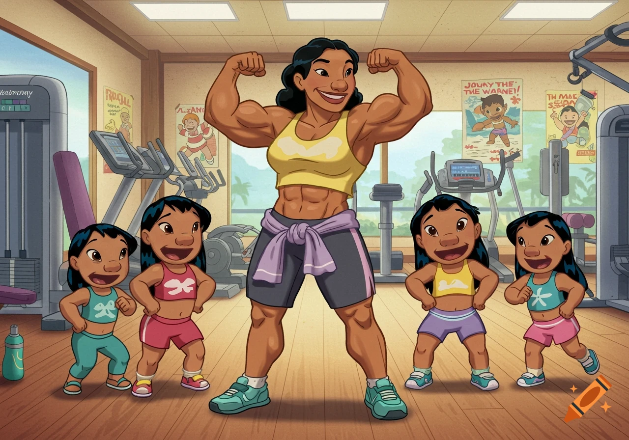 Lilo's mother flexes her muscles with Lilo and other young girls at a gym in a cartoon style.