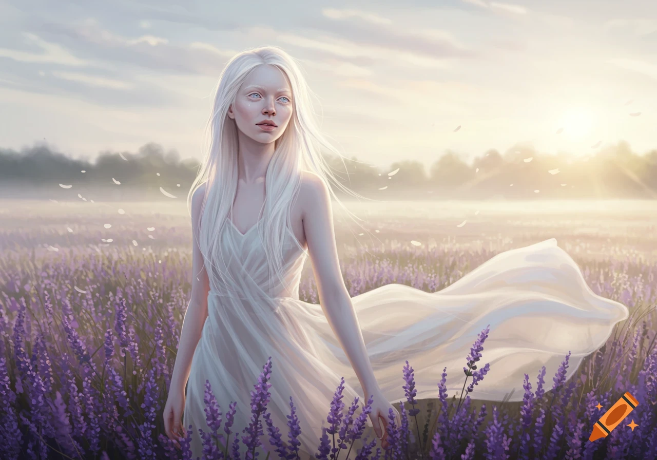 A beautiful albino woman with long white hair in a flowing white dress stands in a vibrant lavender field at sunrise.