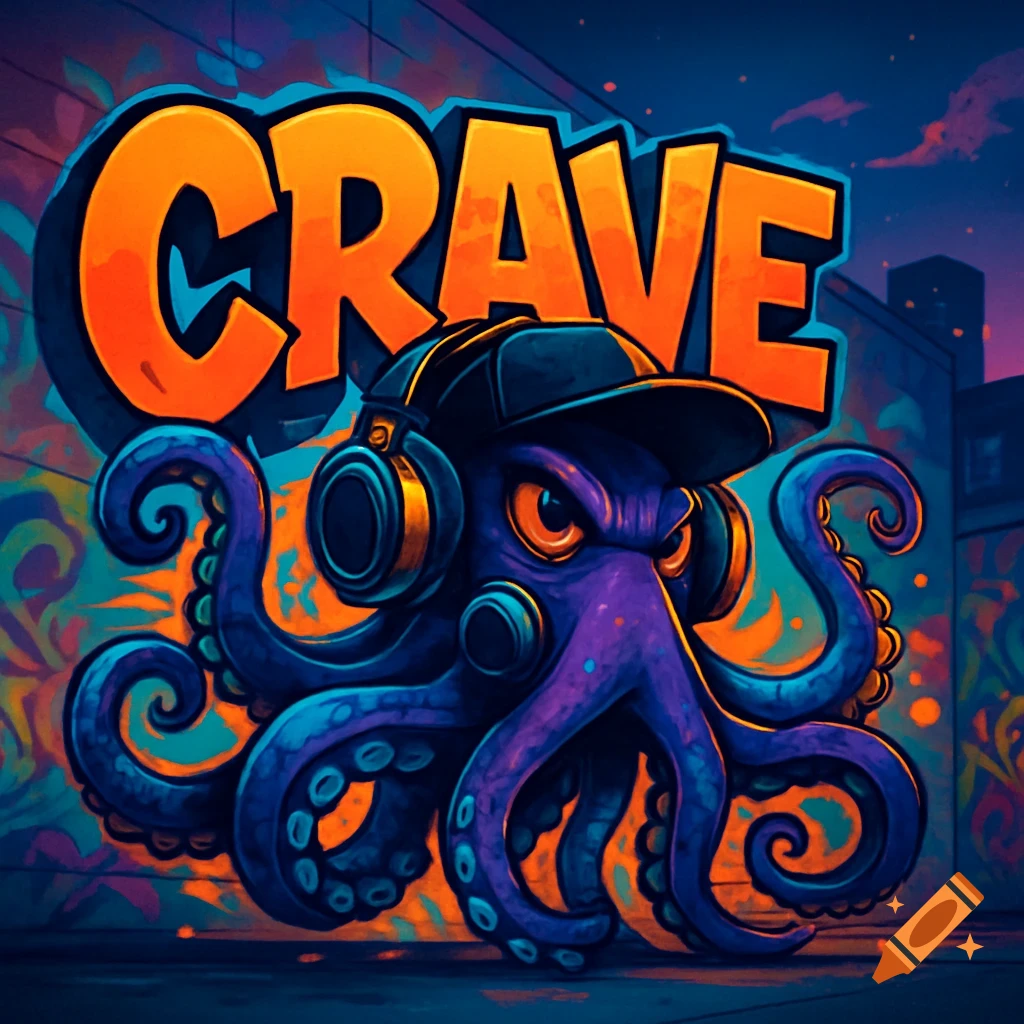 A vibrant, hip-hop style illustration of a purple octopus wearing a backward baseball cap and headphones, set against a graffiti background, with the word "CRAVE" in orange graffiti letters above.