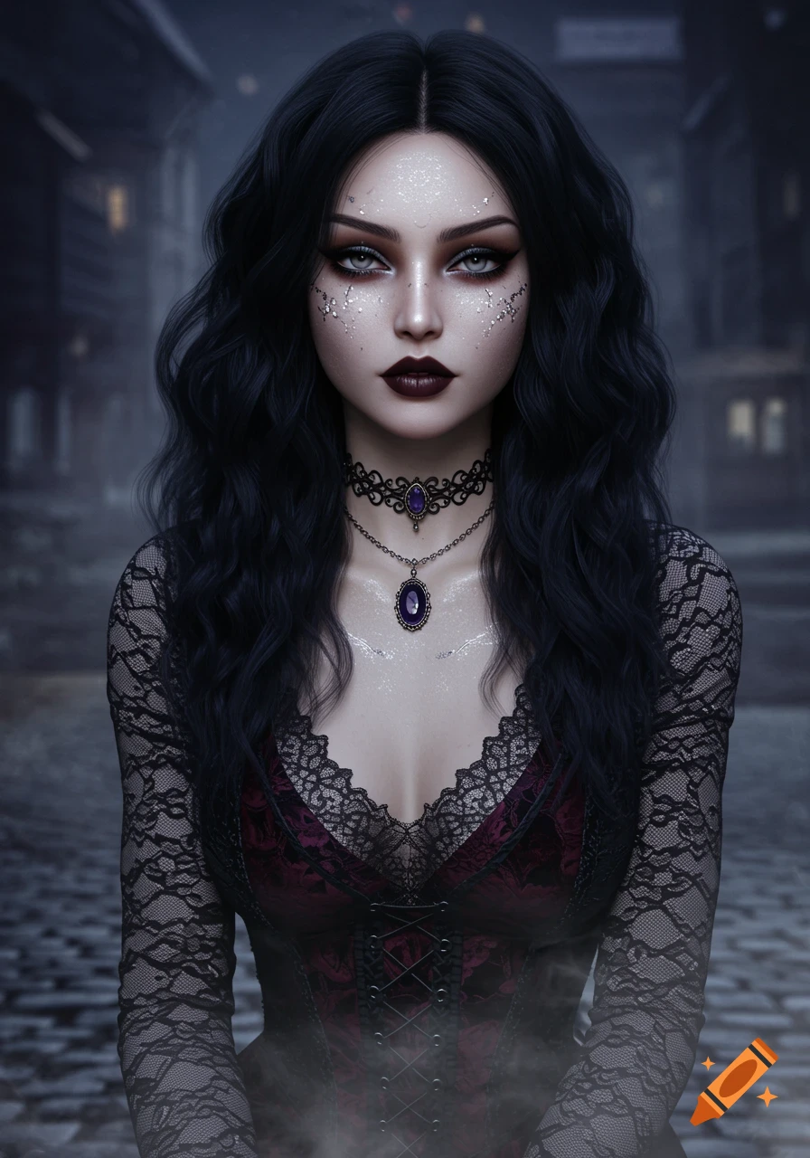 Photorealistic portrait of a gothic woman with black hair, dark makeup, intricate lace top, and necklaces.