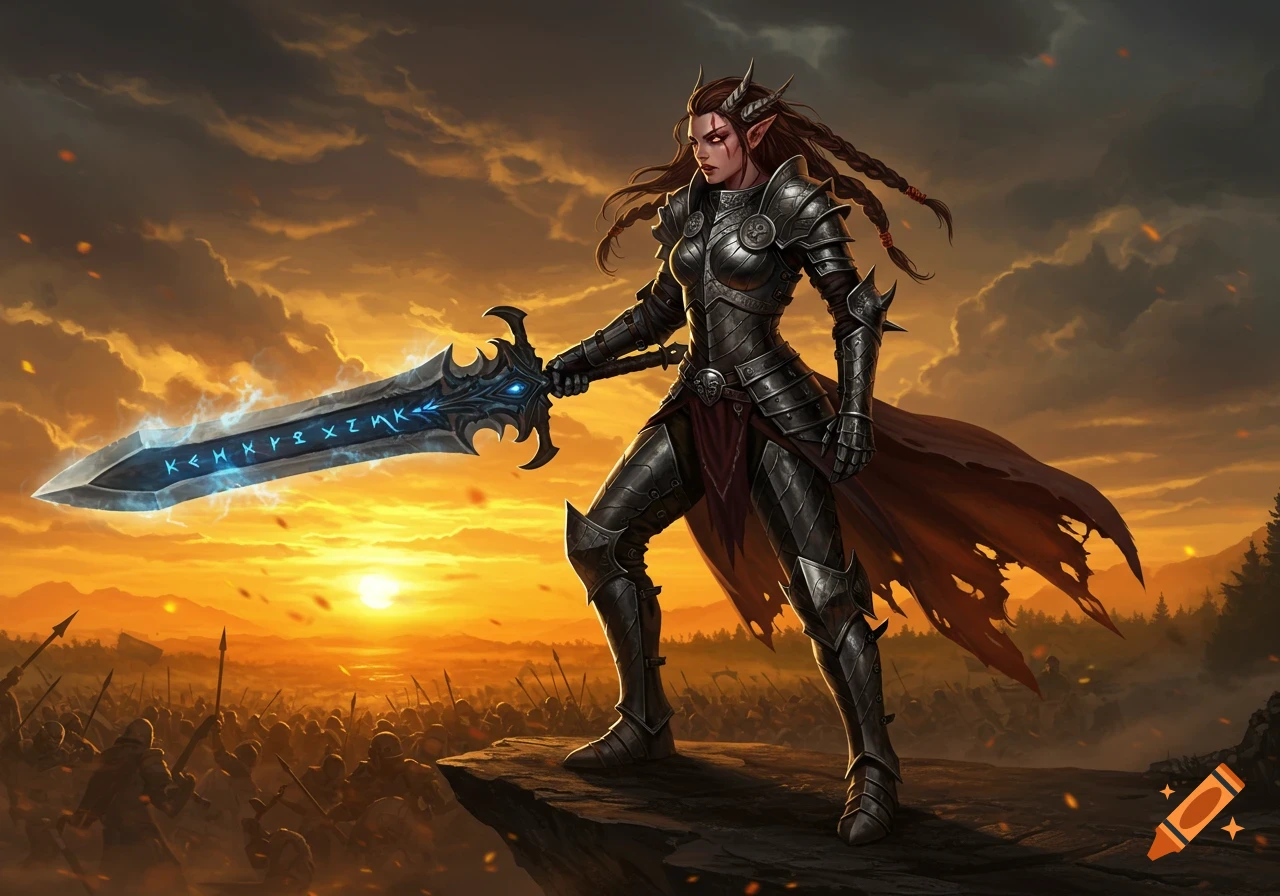 A female fantasy warrior in dark armor stands on a cliff, holding a glowing runic sword, with a battlefield at sunset behind her.