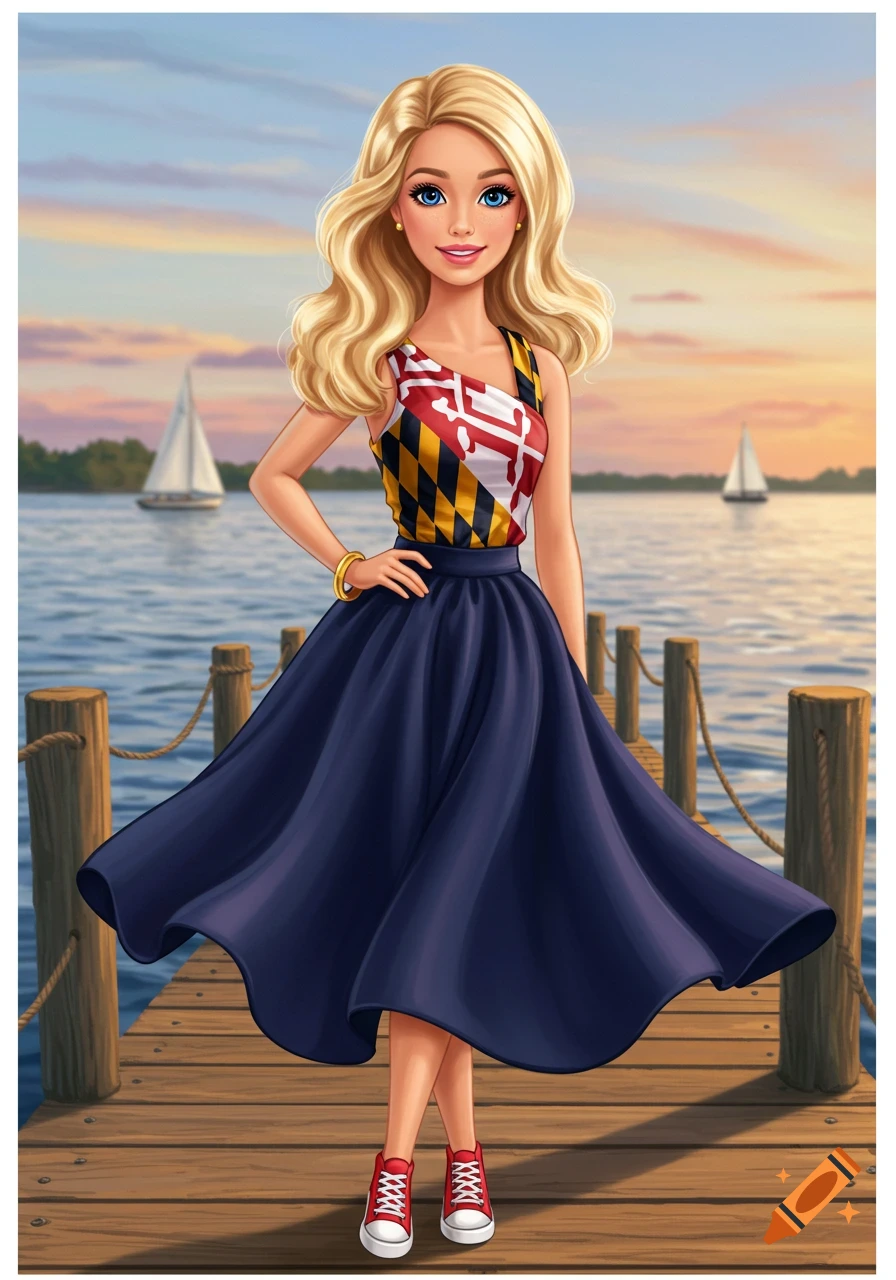 An illustrated Barbie doll on a wooden dock at sunset, wearing a Maryland flag top, blue skirt, and red sneakers. Sailboats are visible on the water.