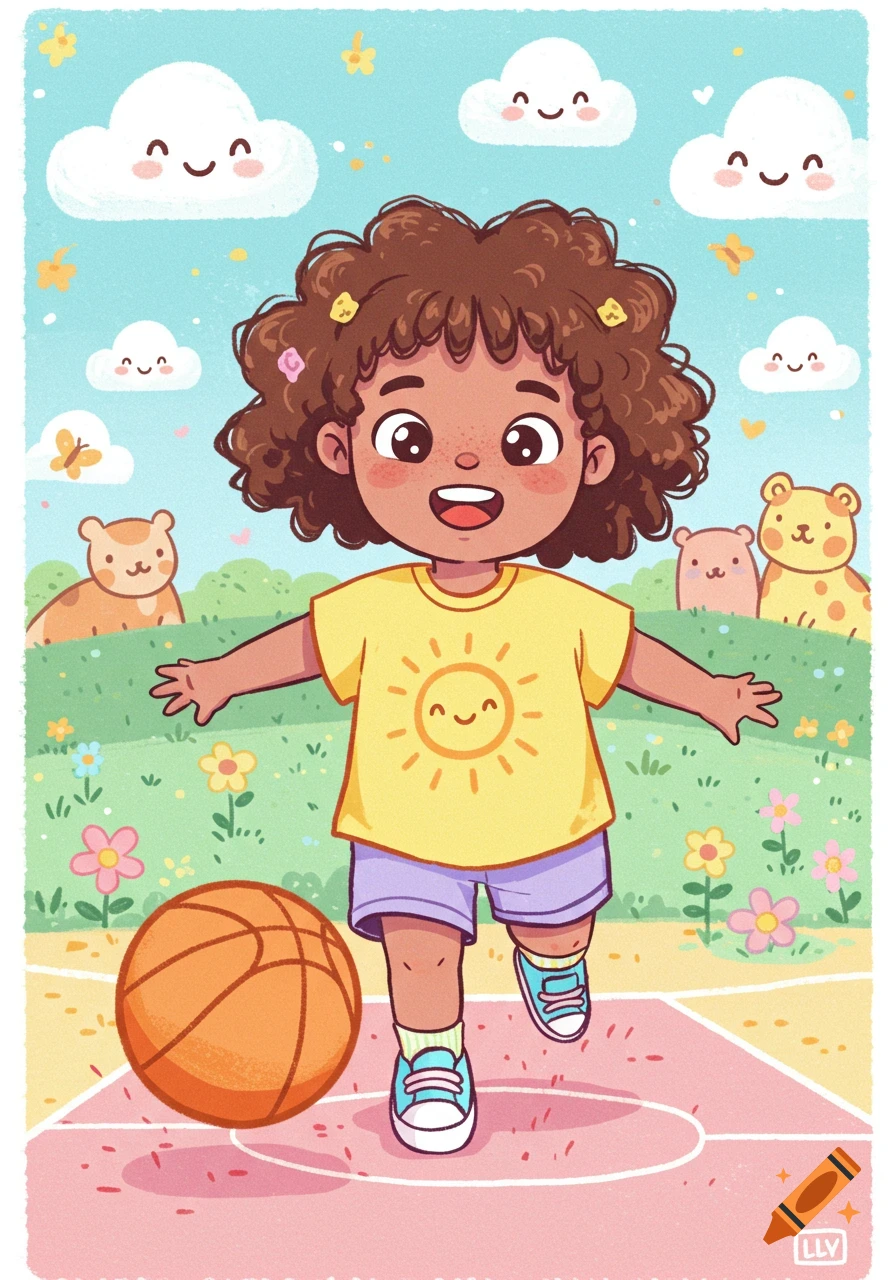 A cute cartoon toddler girl with curly brown hair plays basketball on an outdoor court, with smiling clouds and bears.