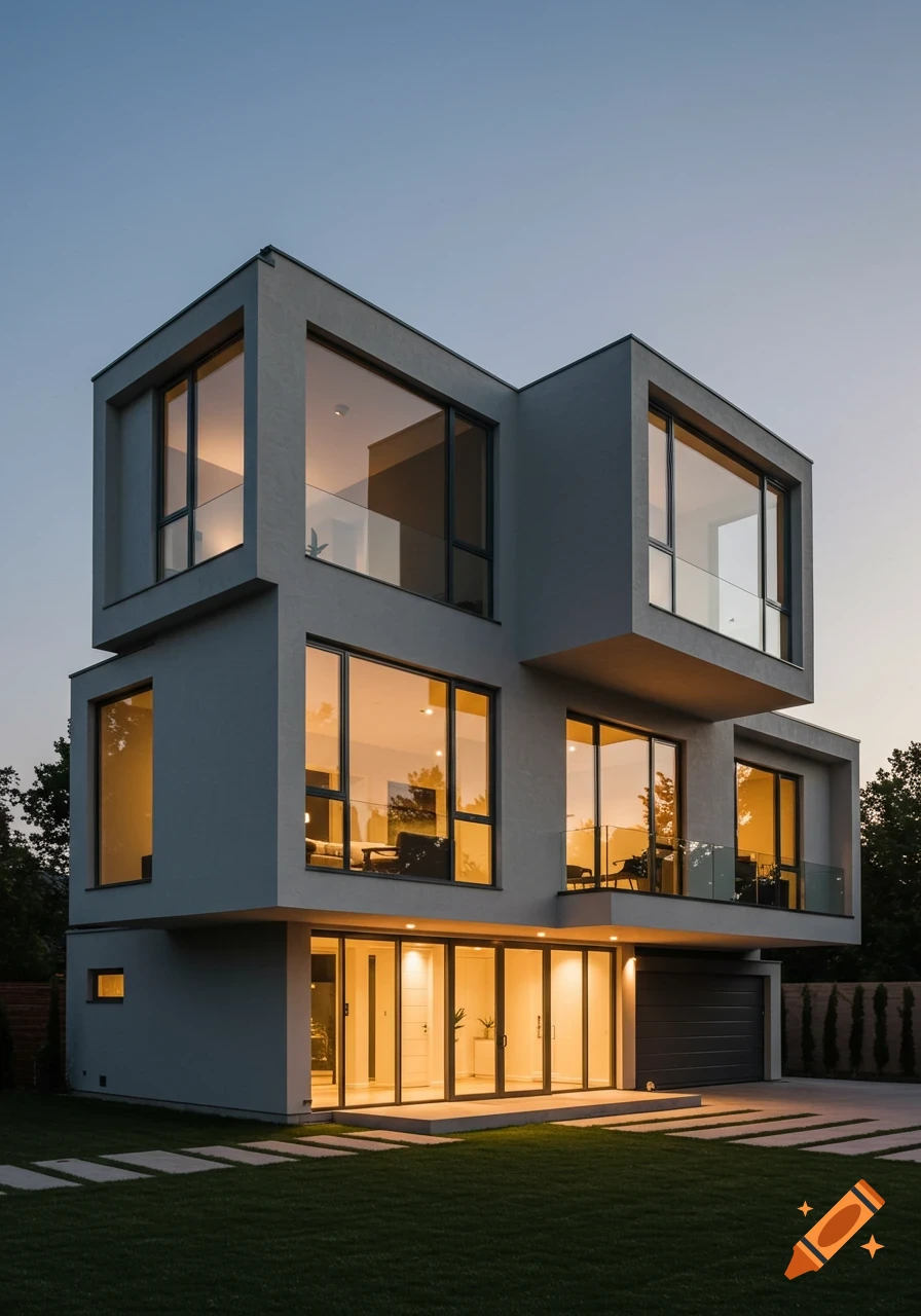 A modern modular house exterior with cubic architecture, large glass windows, and warm interior lighting at dusk.