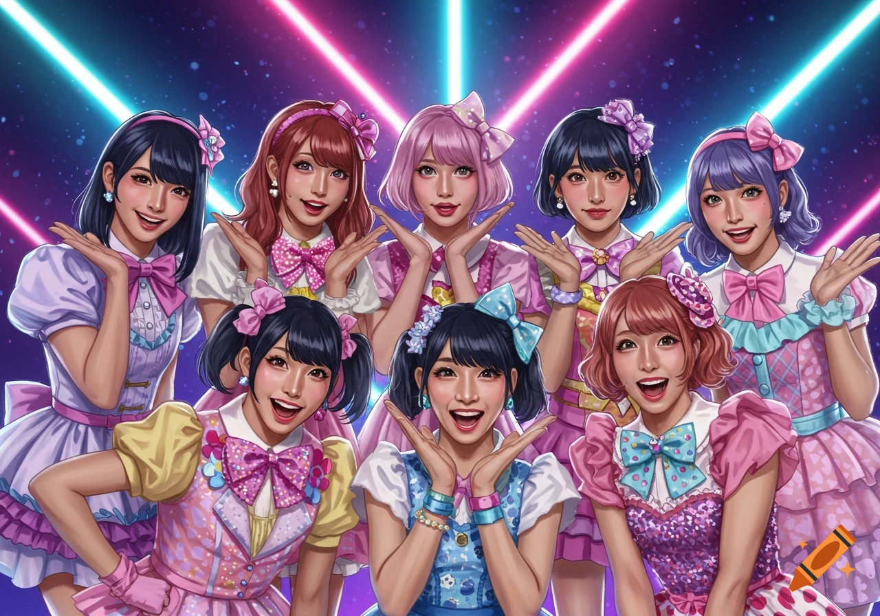Seven animated J-pop girls in colorful, frilly dresses pose under neon lights.