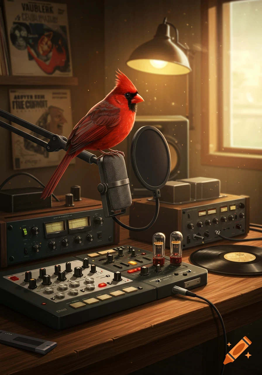 A vibrant red cardinal perches on a microphone stand, surrounded by vintage recording equipment, including a mixer, reel-to-reel player, and vinyl record, in a warmly lit room.
