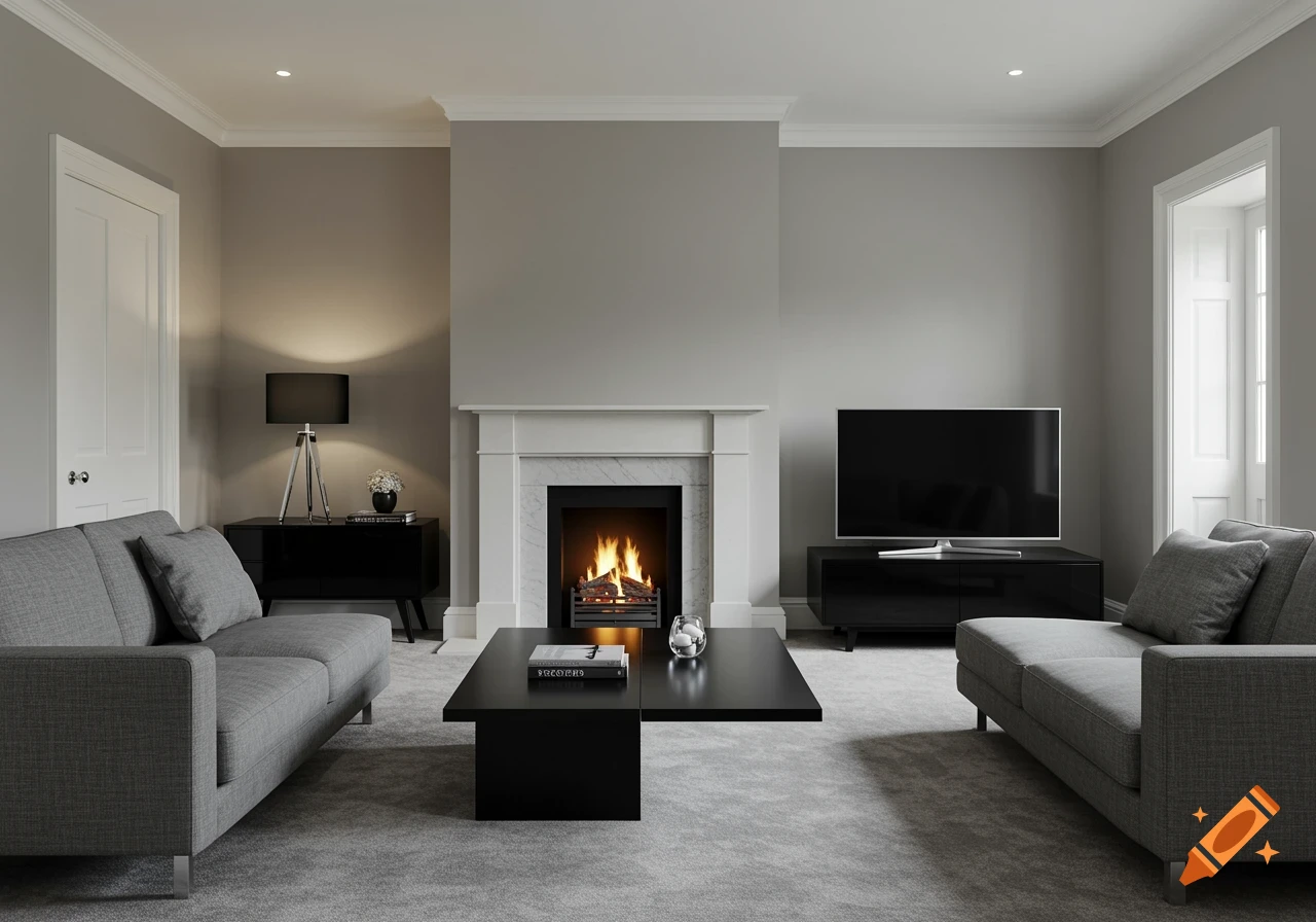 A modern and minimalistic living room with grey carpet, grey sofas, a black coffee table, a fireplace, and a TV on a black cabinet.