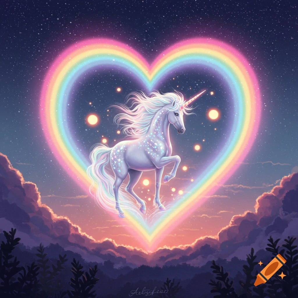 A sparkling white unicorn stands inside a heart-shaped rainbow against a starry night sky with purple clouds and trees.