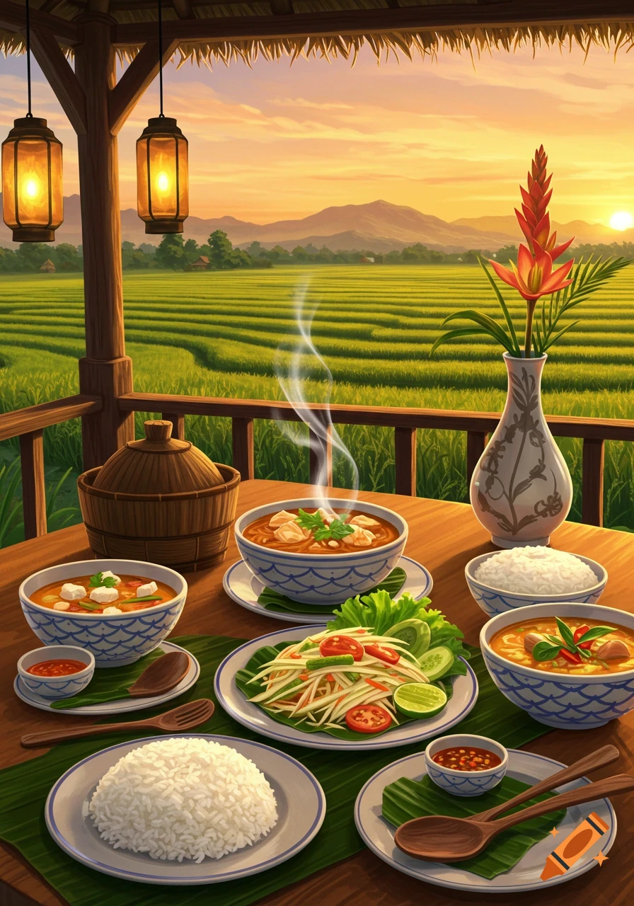 A table with traditional Thai dishes, including curries, rice, and papaya salad, overlooking vibrant green rice paddies at sunset with mountains in the background.