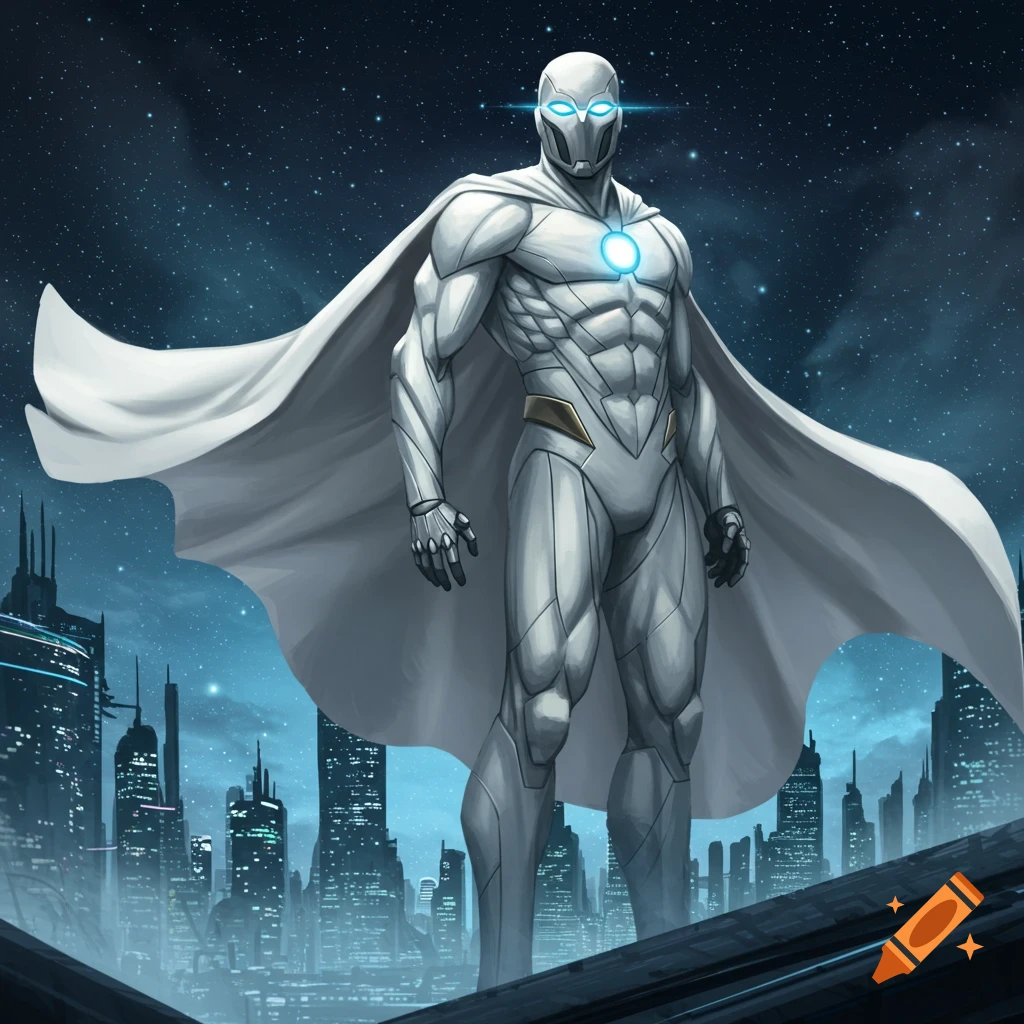 A superhero in a white armored suit and cape stands overlooking a futuristic city at night, under a starry sky.