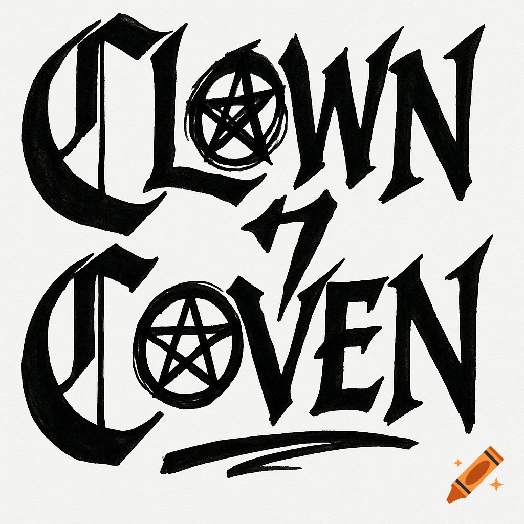 A black and white gothic-graffiti style logo with the words 'Clown Coven' stacked, featuring stylized letters and pentagrams for the 'O's.