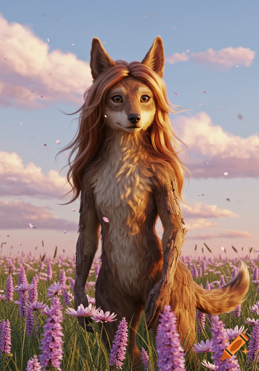 An anthropomorphic wolf with long hair stands in a field of purple flowers at sunset.