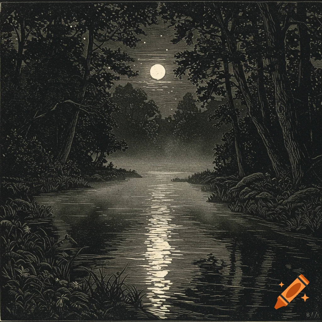 A black and white woodcut drawing of a river at night, illuminated by a full moon and its reflection. Dark trees line both banks.