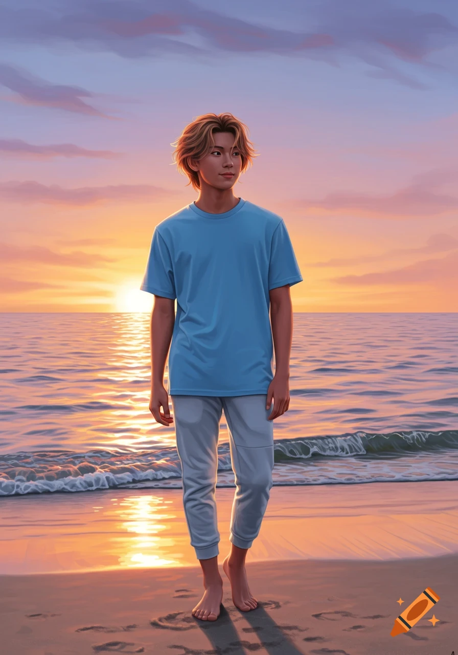 An illustrated boy with blonde hair stands barefoot on a beach at sunset, looking to the side.