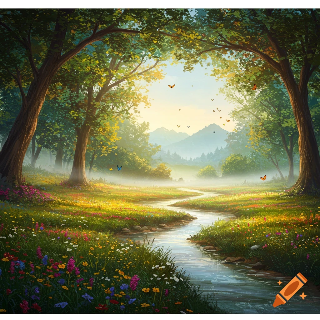 A vibrant, lush forest landscape with a winding stream, colorful wildflowers, butterflies, and misty mountains under a bright sky.