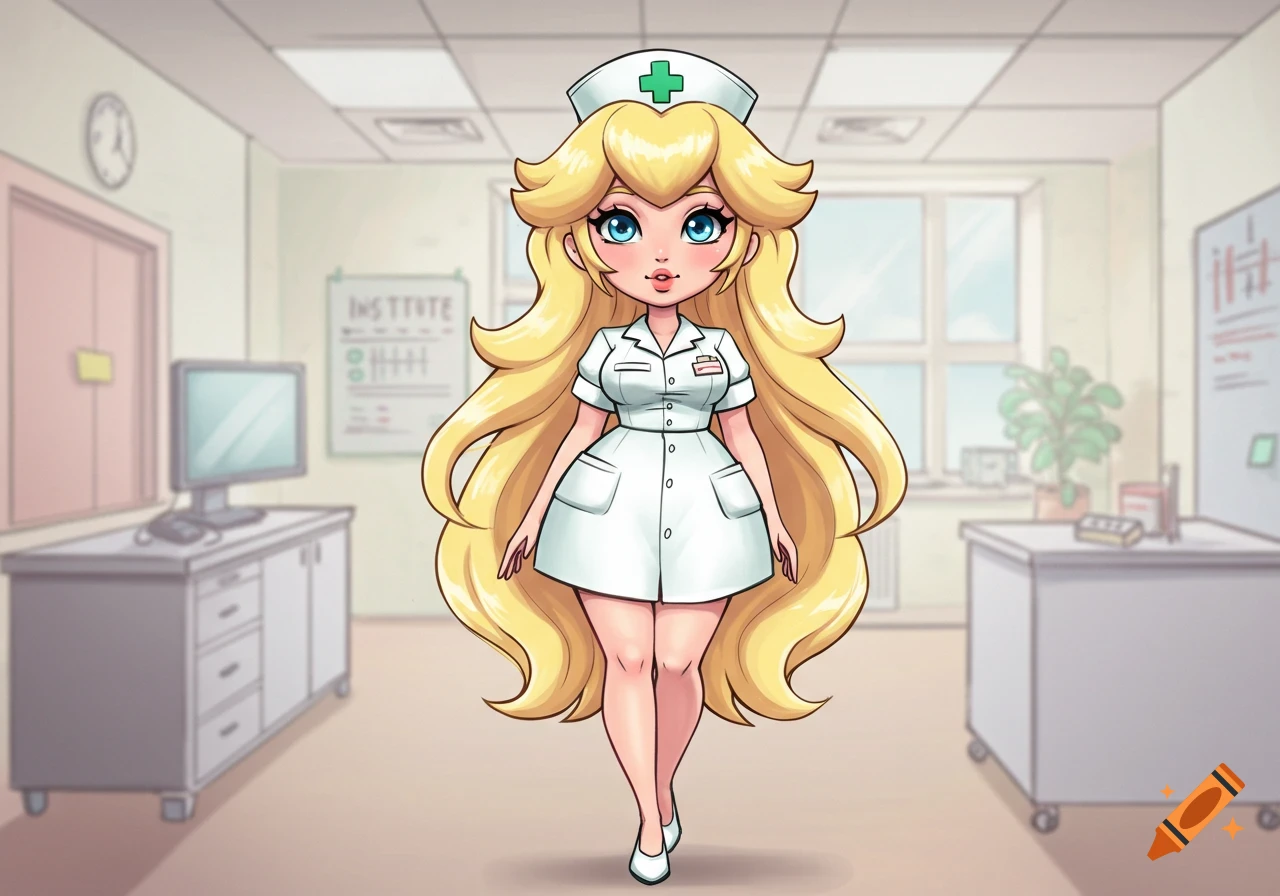 A cartoony character with long blonde hair and blue eyes, wearing a white nurse uniform with a green cross on her cap, stands in a hospital hallway.