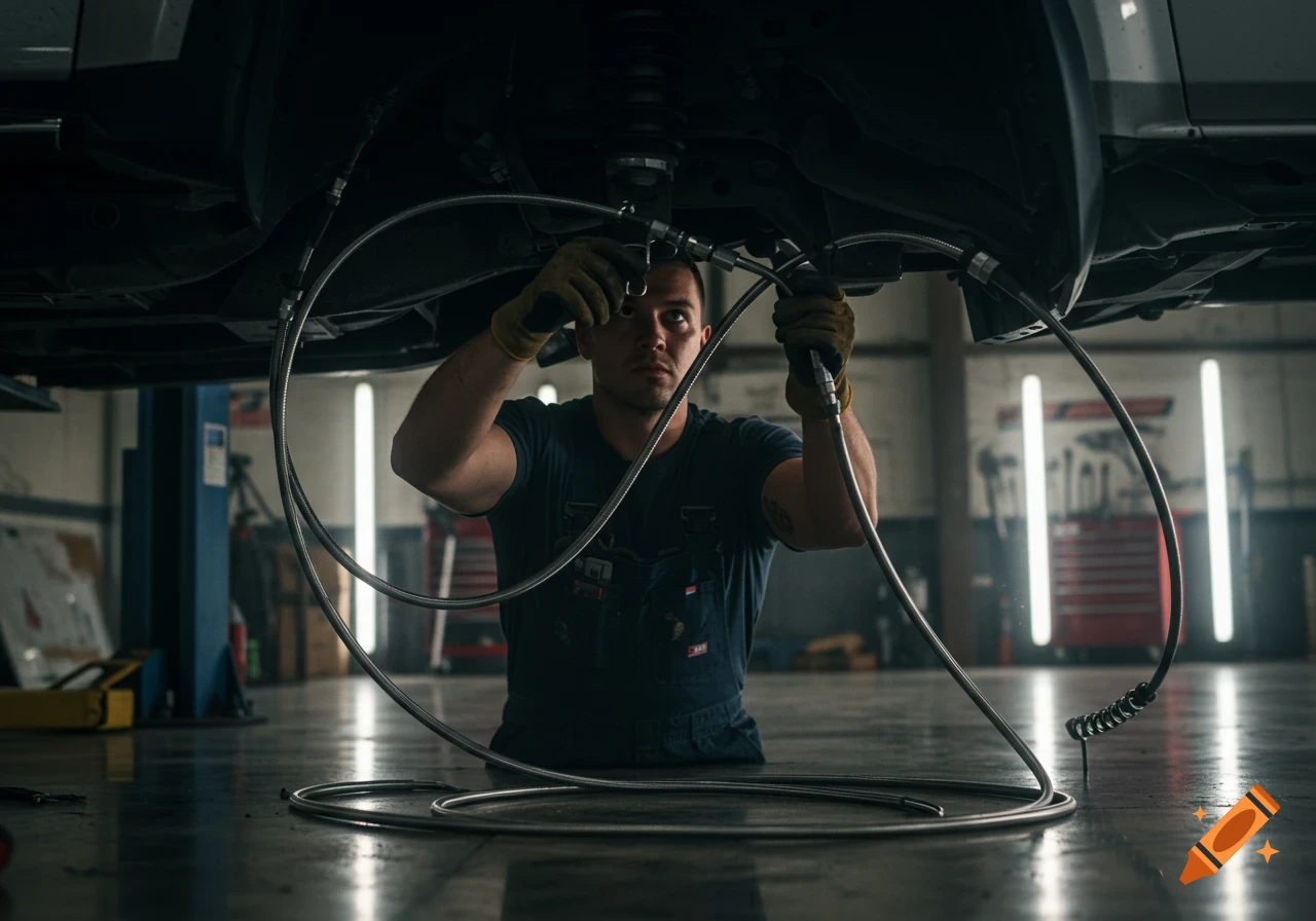 A mechanic works under a lifted truck in a dimly lit garage, connecting stainless steel automotive brake lines.