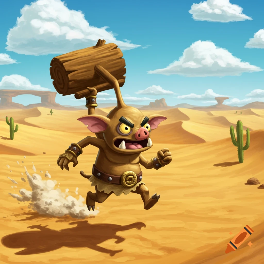 A cartoonish pig-like monster with a large wooden hammer charges through a desert landscape under a blue sky.