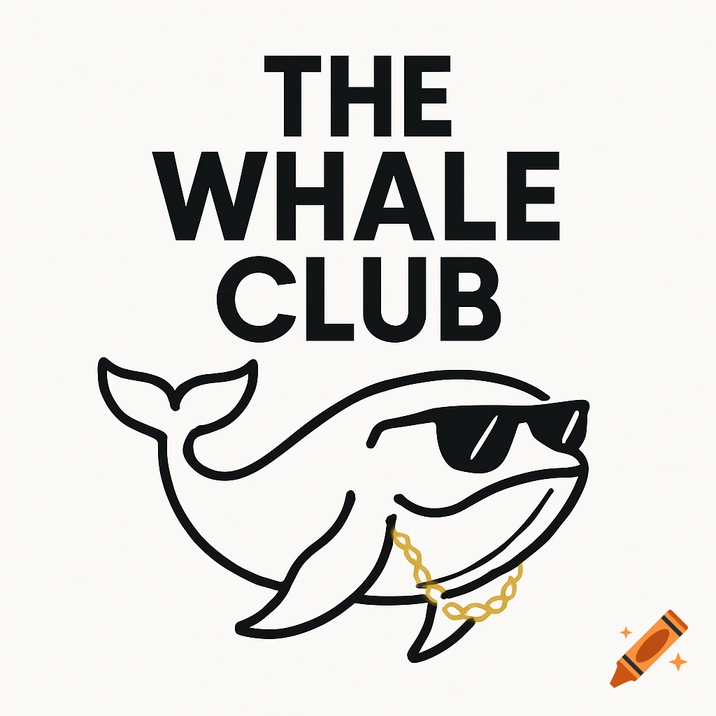 Line-art illustration of a whale wearing sunglasses and a gold chain, with 'THE WHALE CLUB' text above.