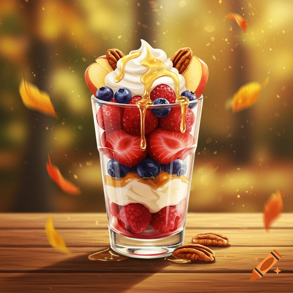 A vibrant fruit parfait with layers of berries, cream, whipped cream, honey, and pecans, on a wooden table with autumn leaves.