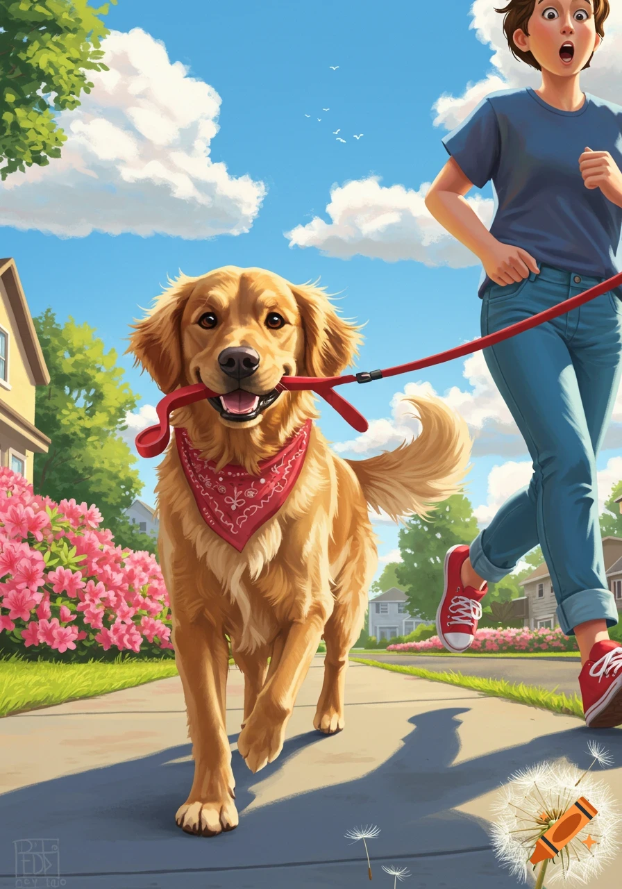 A happy golden retriever holds its red leash in its mouth while walking next to a surprised woman on a sunny sidewalk. Digital illustration.