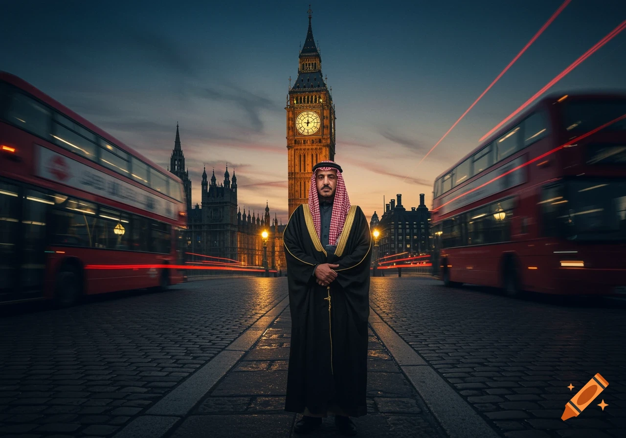 A man in traditional attire stands on a cobblestone street in London at dusk, with Big Ben and Houses of Parliament in the background and blurred red double-decker buses on either side.