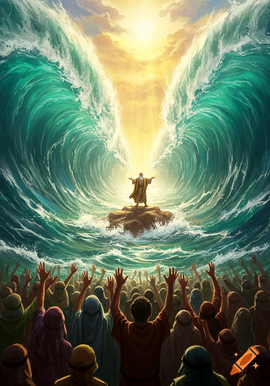 Moses parts the Red Sea, standing on a rock between towering water walls under a bright sky, as a crowd cheers with raised hands.
