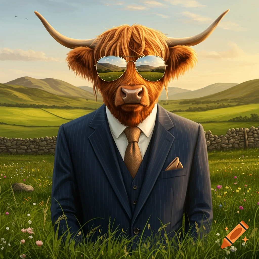 A photorealistic Highland cow wearing a pinstripe suit, tie, and aviator sunglasses stands in a green field with rolling hills.