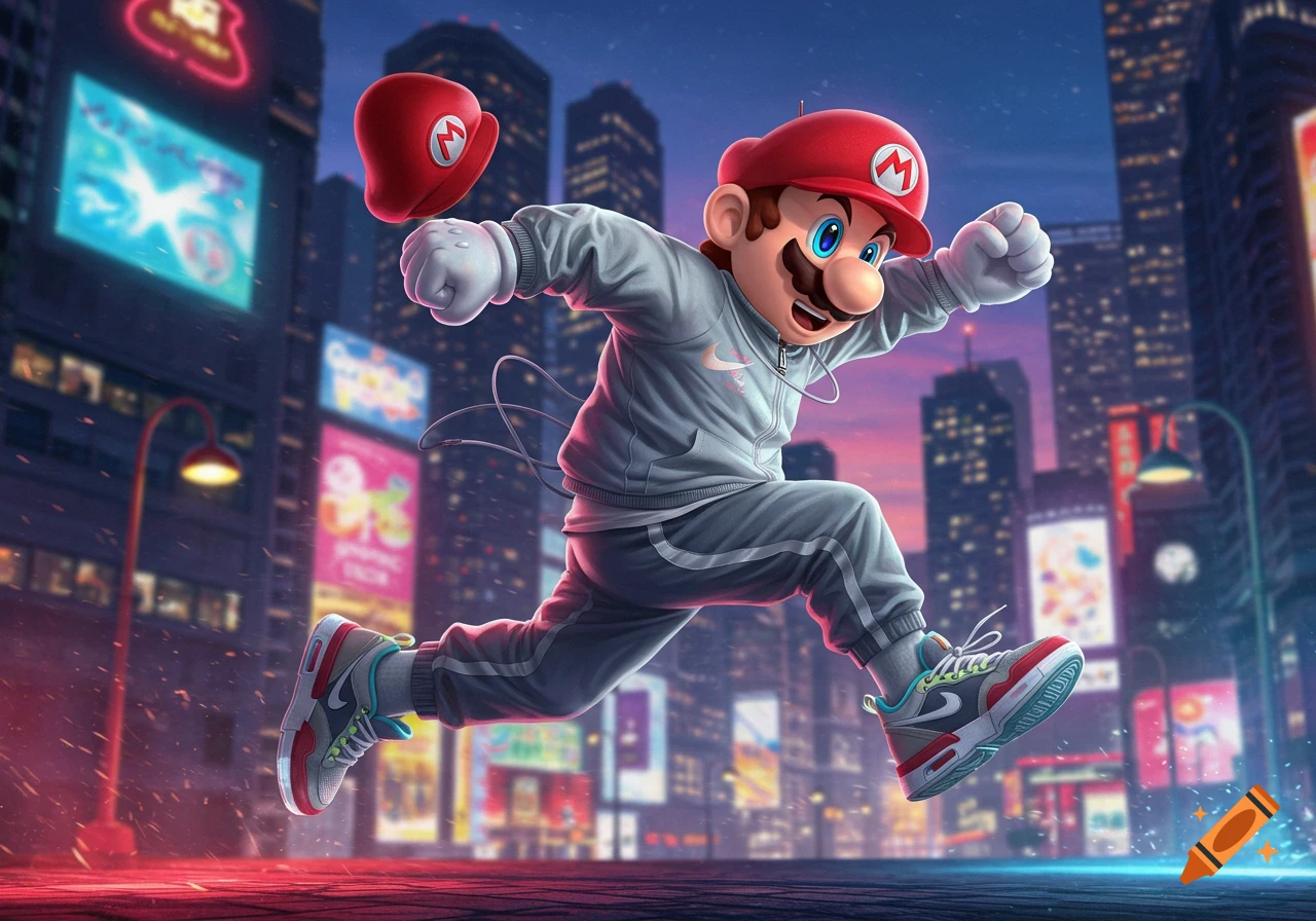 Mario in a grey Nike tracksuit leaps through a vibrant, neon-lit city street at night, with a red hat floating beside him.