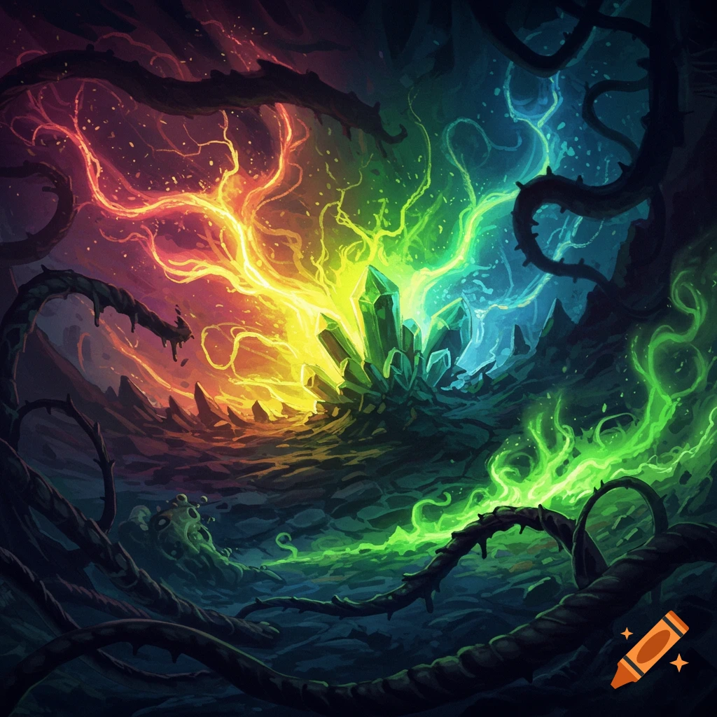 Vibrant fantasy landscape with glowing multi-colored energy, sharp crystals, and dark thorny vines.