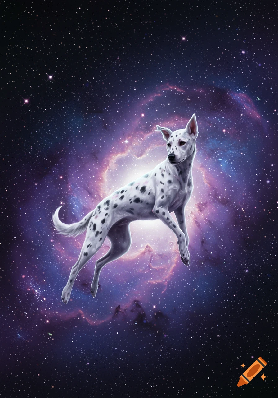 A white dog with black spots floats gracefully in a vibrant purple and blue galaxy, surrounded by stars.