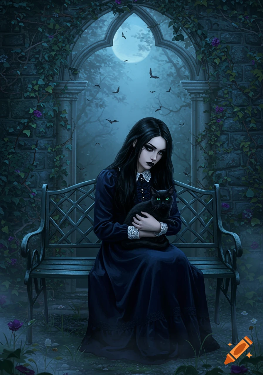 A goth girl in a dark dress sits on a bench in a moonlit gothic garden, holding a black cat. Bats fly in the background.