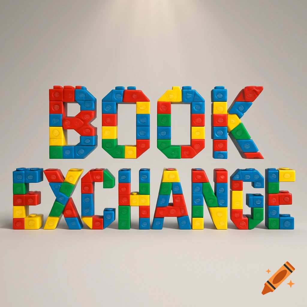 The words BOOK EXCHANGE spelled out with colorful LEGO bricks against a plain background.