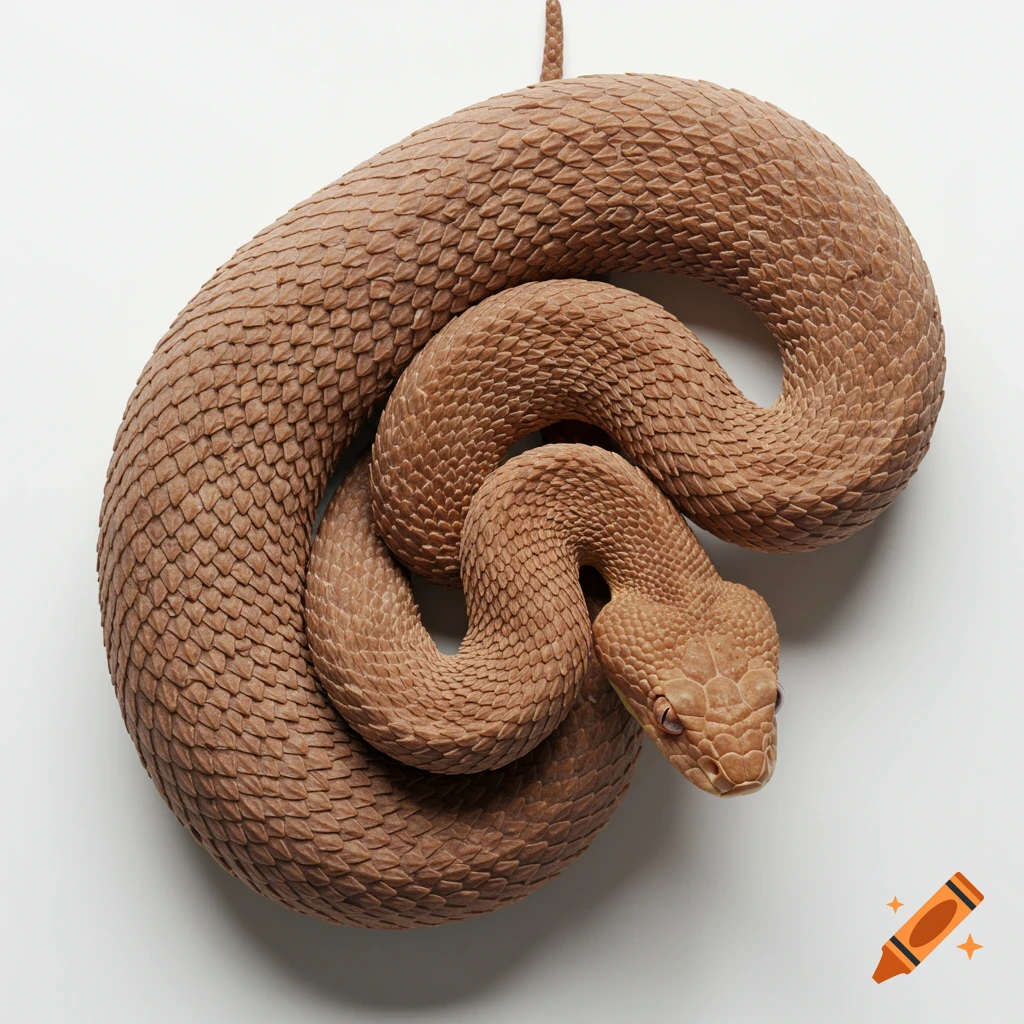 A coiled, copper-colored snake with detailed scales rests on a pure white surface, viewed from above.