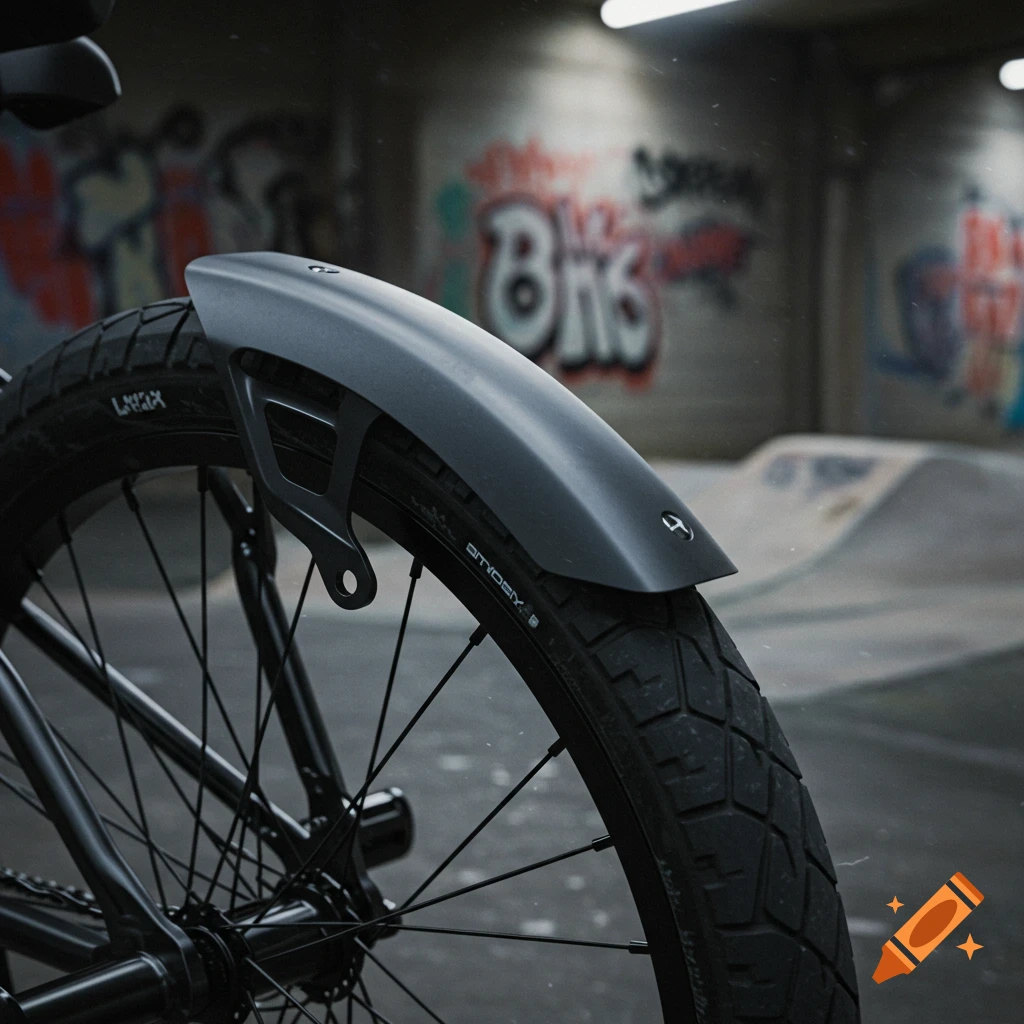 Close-up photorealistic shot of a dark gray rear mudguard on a BMX bike in an urban setting with graffiti on a concrete wall.