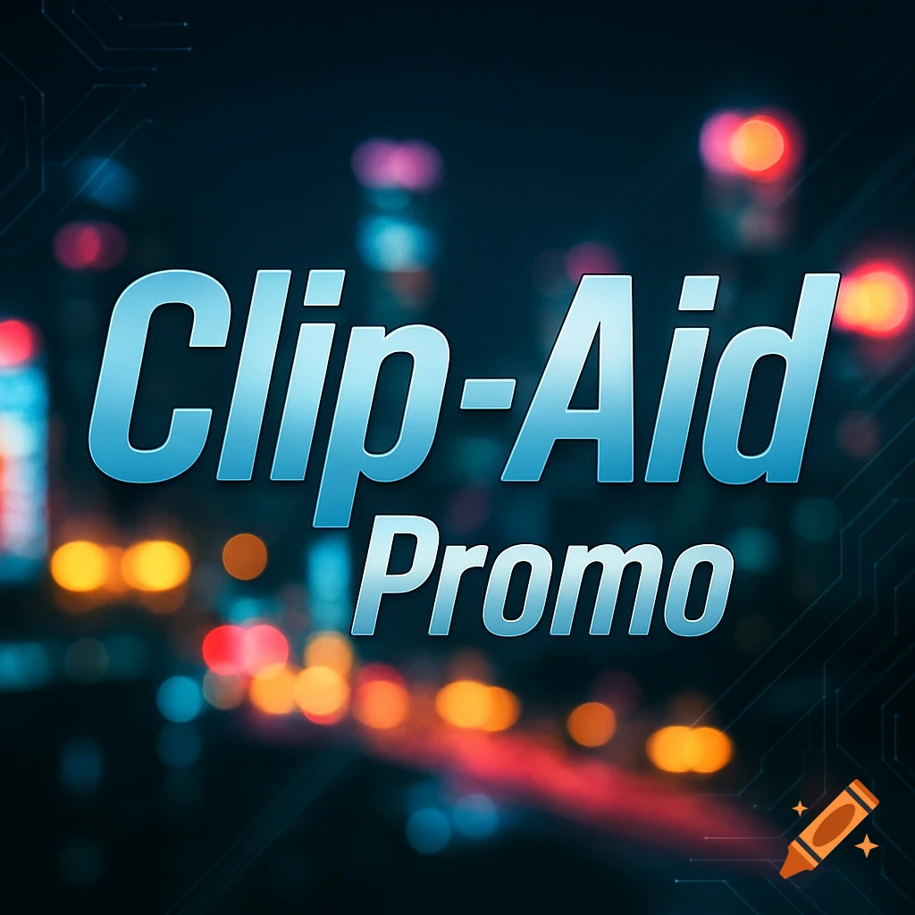 Blue stylized text Clip-Aid Promo over a blurred dark urban background with bokeh lights.