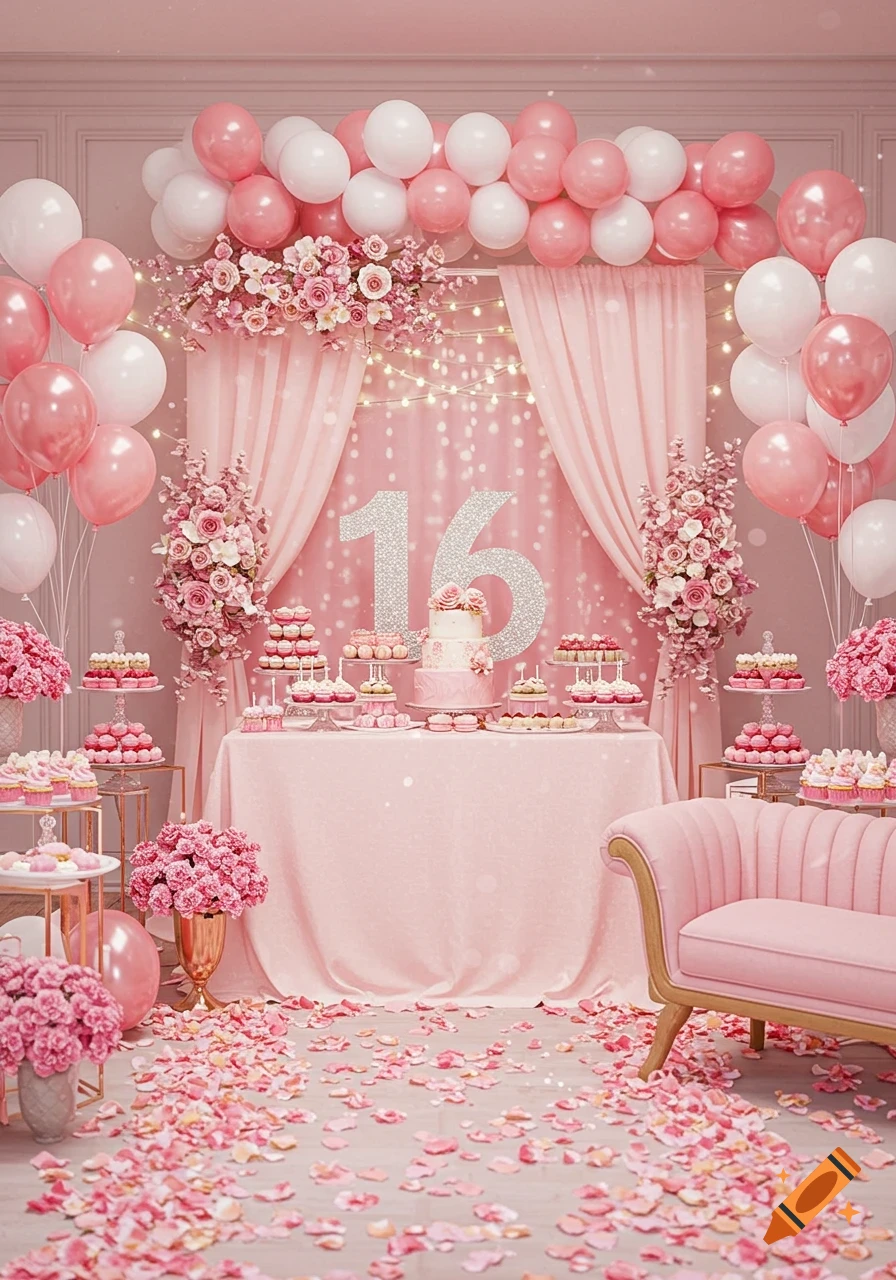 A lavish pink-themed Sweet Sixteen birthday party setup with balloons, flowers, a dessert table, and '16' on the backdrop.