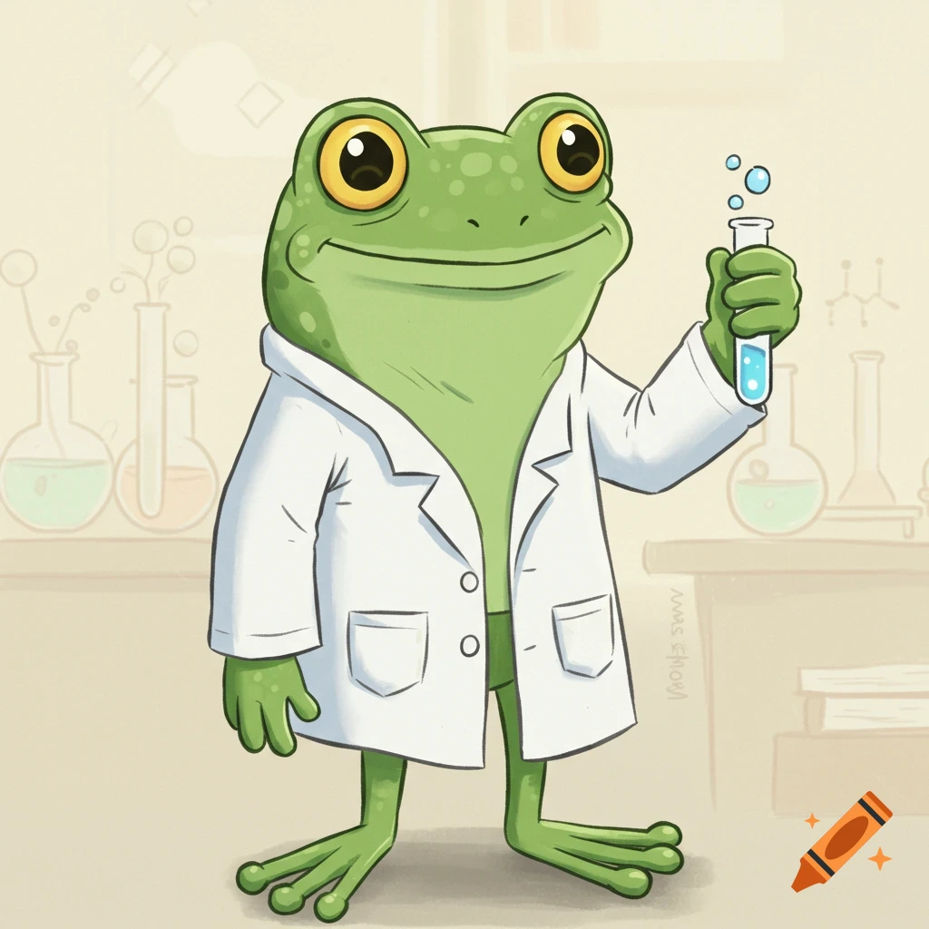 Anthropomorphic frog wearing a lab coat and holding a test tube, in a simple cartoon style.