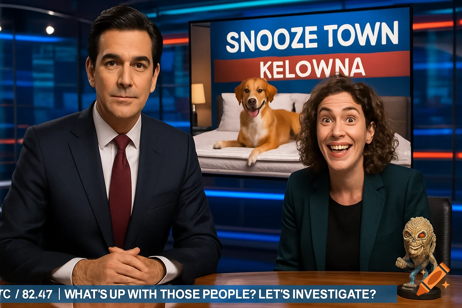 Two news anchors, a serious man and a smiling woman, sit at a desk in a studio with a dog on a bed on the screen behind them, and text on a news ticker.