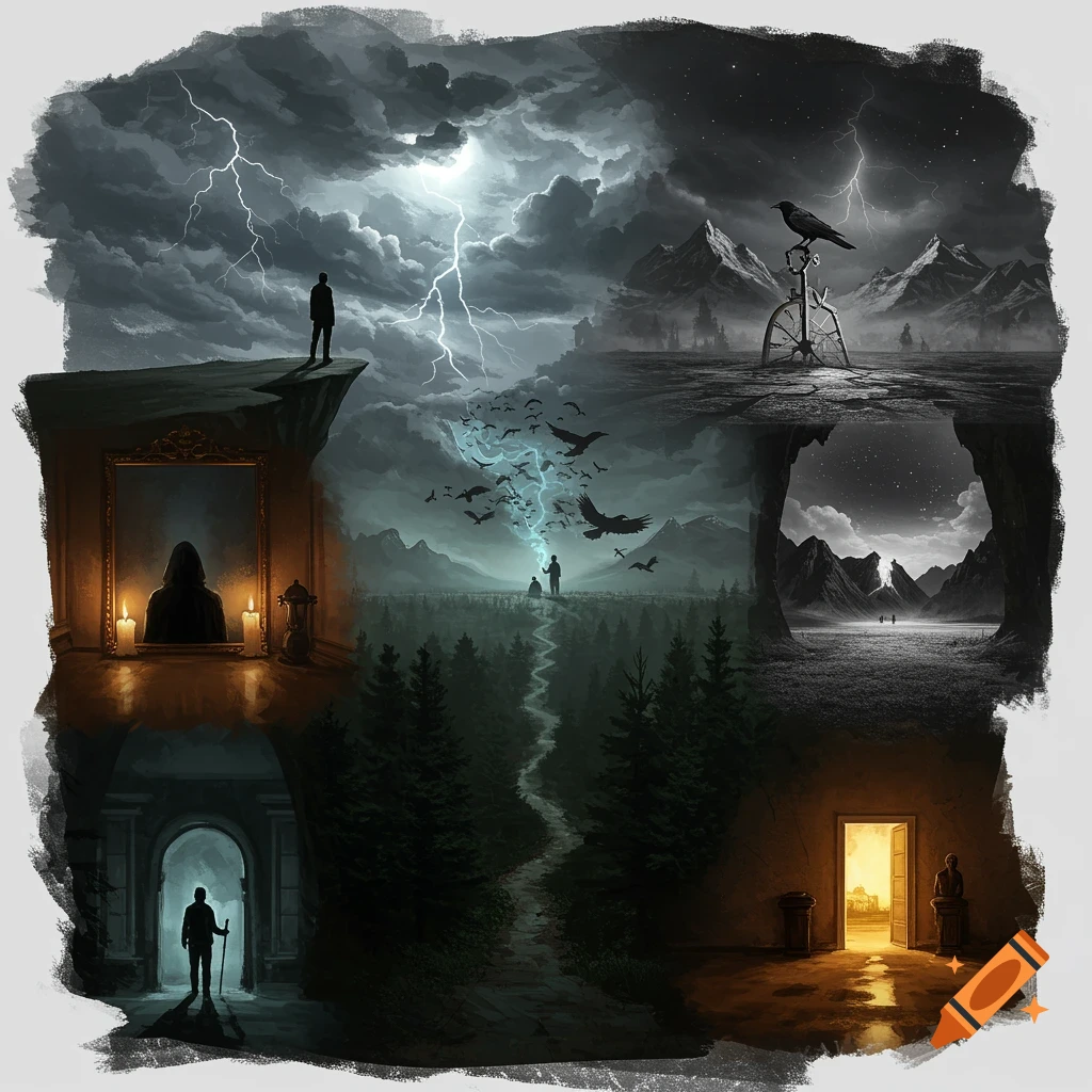 A dark, multi-panel artwork featuring symbolic scenes: a figure on a stormy cliff, a forest path, a crow on a broken clock, a hooded figure, and glowing doorways.