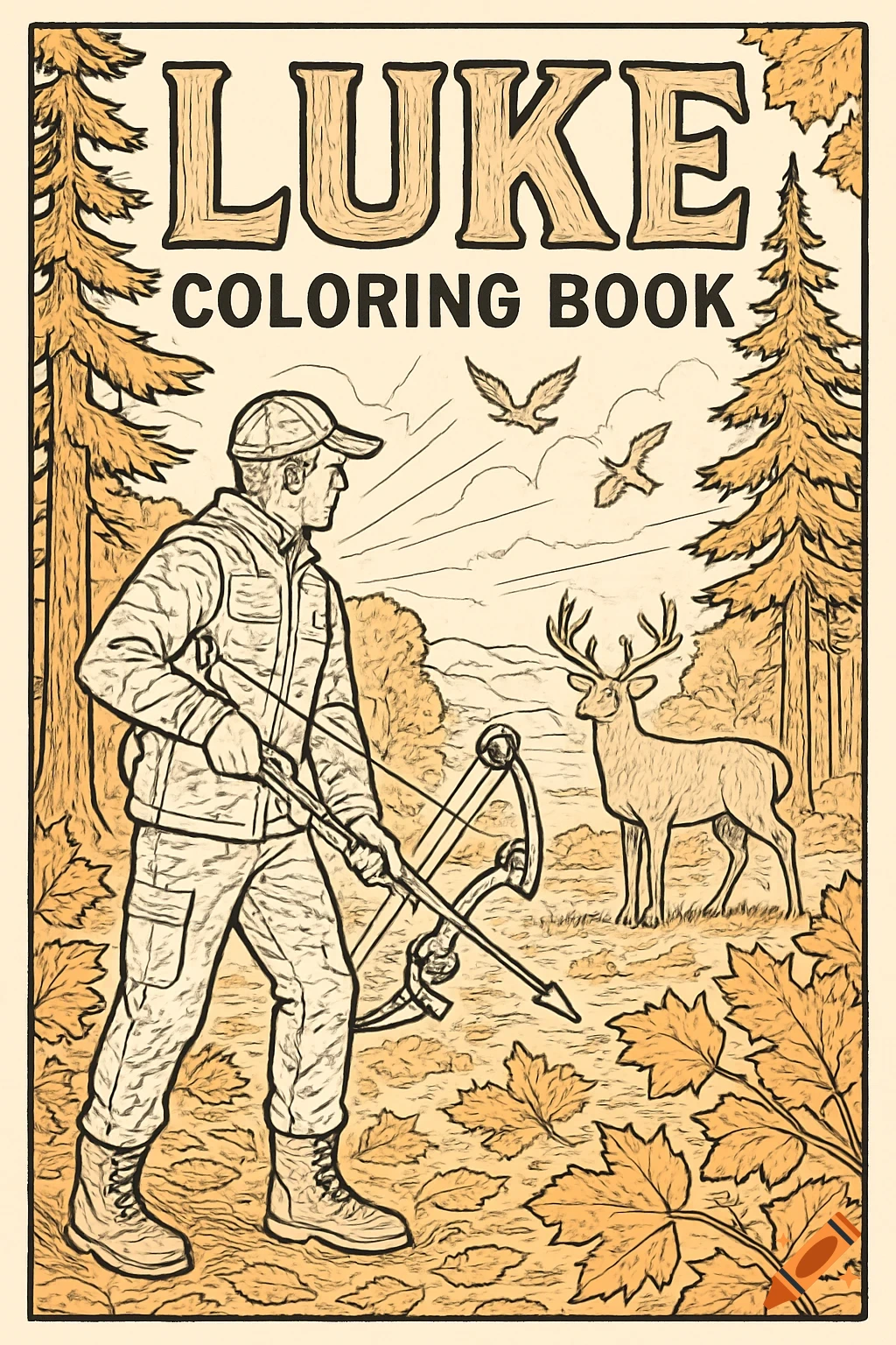 A coloring book cover featuring a hunter with a crossbow and a deer in a forest, with the title 'LUKE COLORING BOOK'.