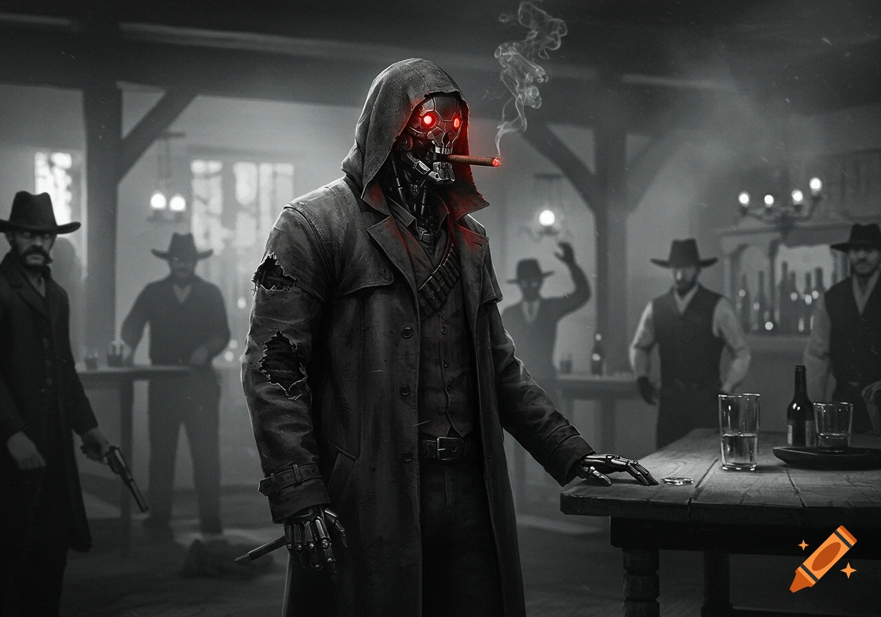 A monochromatic image of a cyborg with glowing red eyes, wearing a torn trench coat and smoking a cigar in a dark saloon.