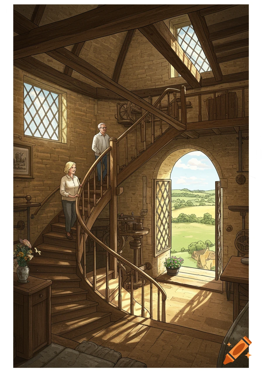A detailed illustration of a middle-aged couple descending a spiral staircase inside a stone windmill, with a view of a green landscape through an archway.