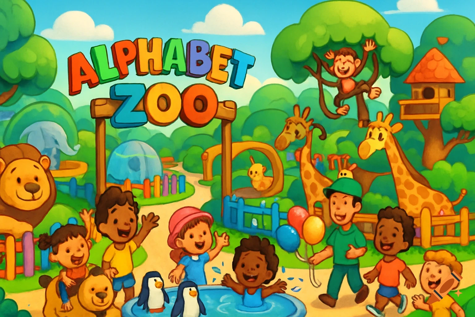 A vibrant, whimsical cartoon zoo scene with diverse children, smiling animals like lions, giraffes, penguins, and a monkey, and an 'Alphabet Zoo' sign.