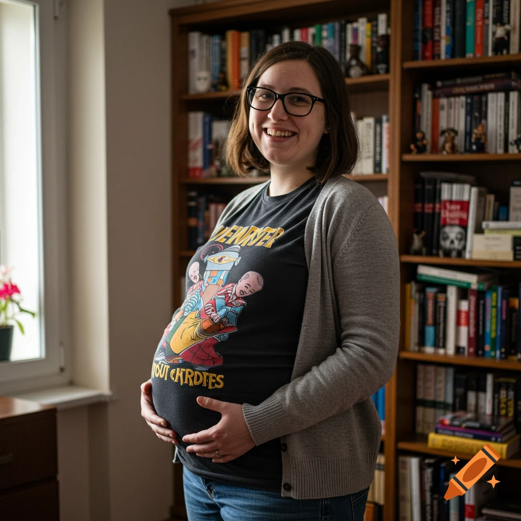 A smiling pregnant woman wearing glasses and a t-shirt, standing in front of a bookshelf.